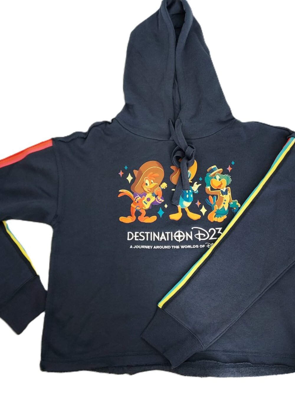 DISNEY PARKS D23 NAVY BLUE THREE CABALLEROS CROPPED HOODIE SWEATER SIZE: XL NWT